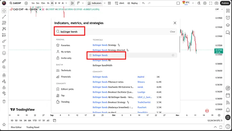 افزودن اندیکاتور باند بولینگر به چارت در تریدینگ ویو-مرحله دوم