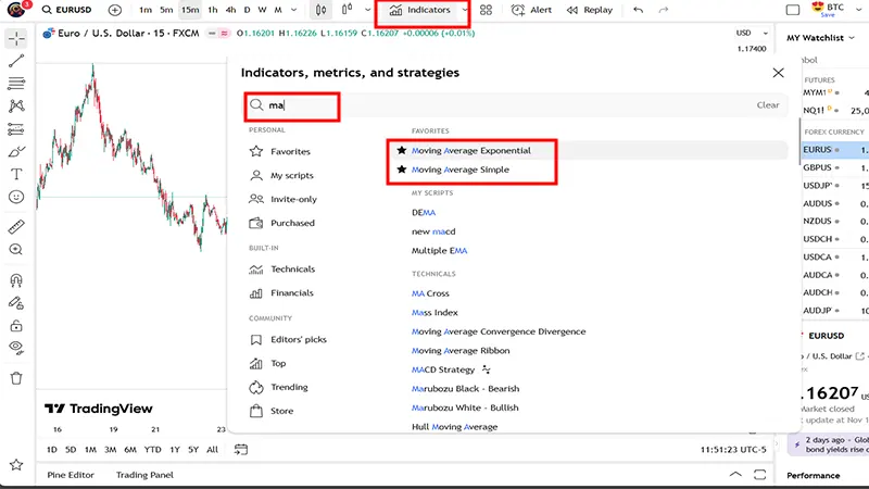 افزودن اندیکاتور مووینگ اوریج به چارت در تریدینگ ویو-مرحله اول