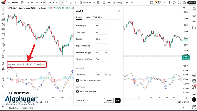 افزودن و مشاهده اندیکاتور مکدی در تریدینگ ویو- مرحله چهارم